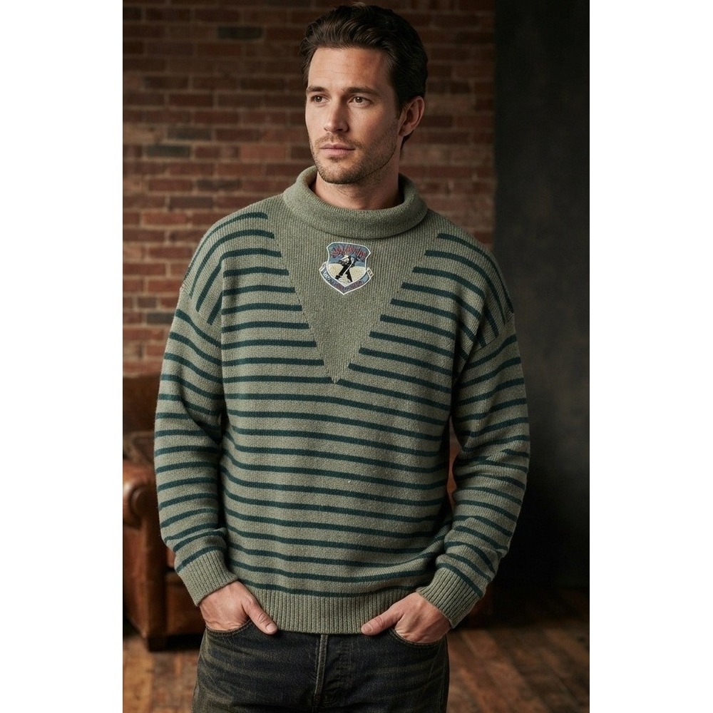 VTG Chipie Wool Blend Striped Mock Neck Sweater Men's XL Green Relaxed Pullover